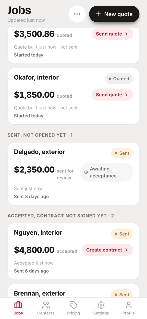 Rollr Jobs pipeline: quotes sent, opened and waiting, each with its price and next step.