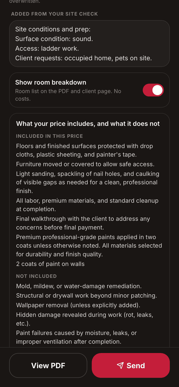 Rollr Send screen: what your price includes and what it does not, as the client will see it.